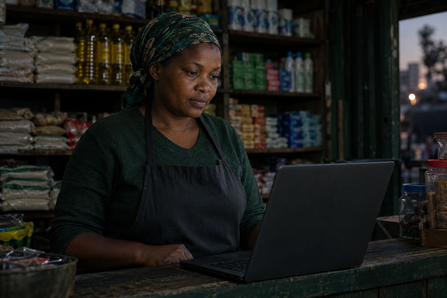 A shop owner behind the counter of her general retail duka in the evening, looking at a laptop.