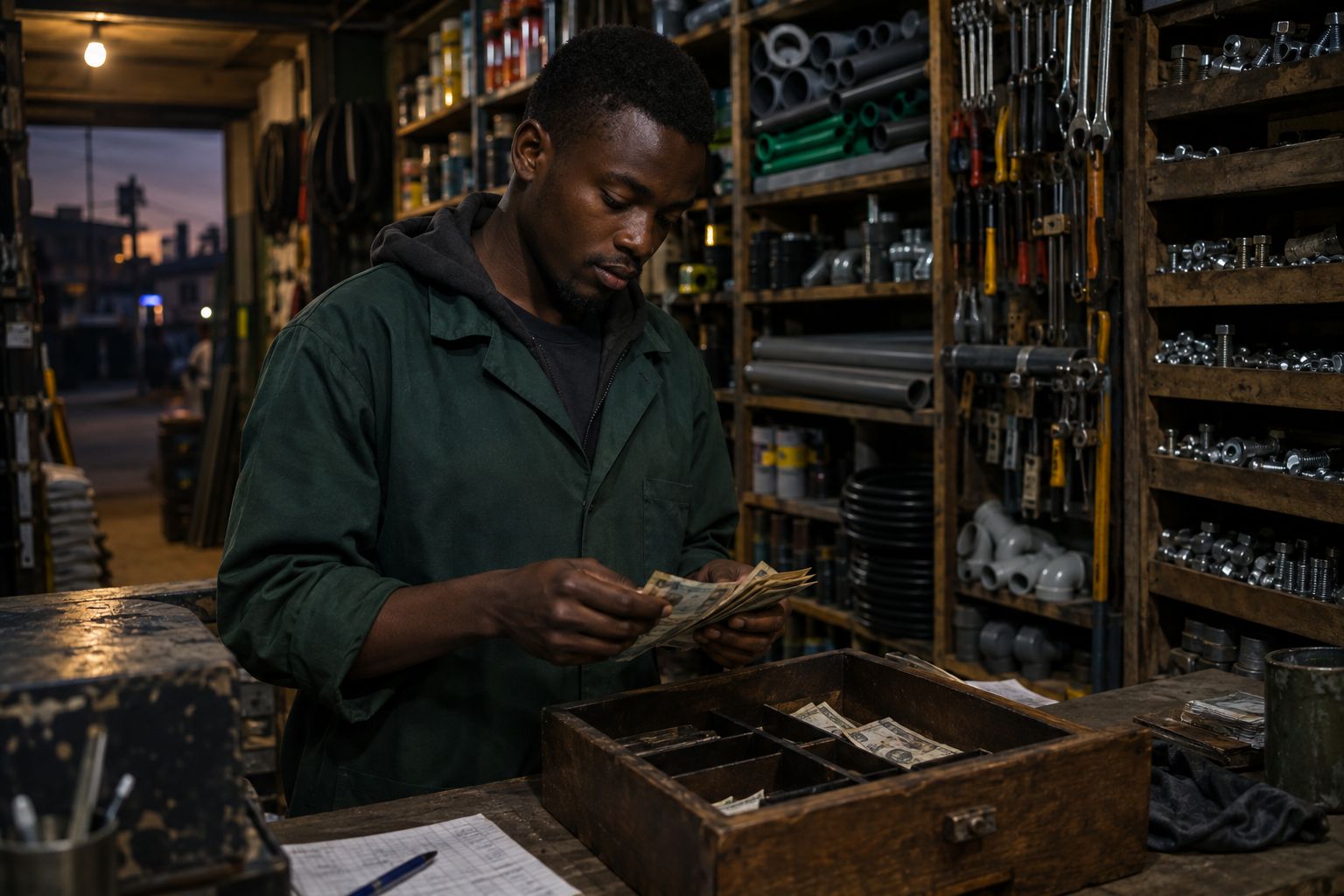 A shopkeeper in a hardware shop counting cash from a wooden drawer at the end of a shift.